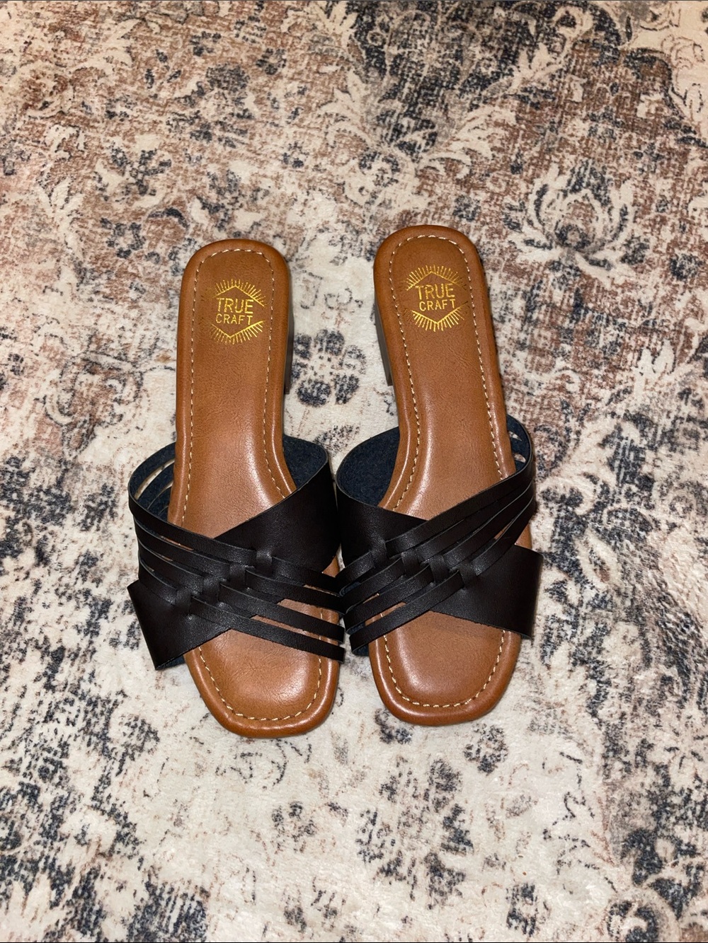 True Craft Black Leather Slide Mules with Tan Insole